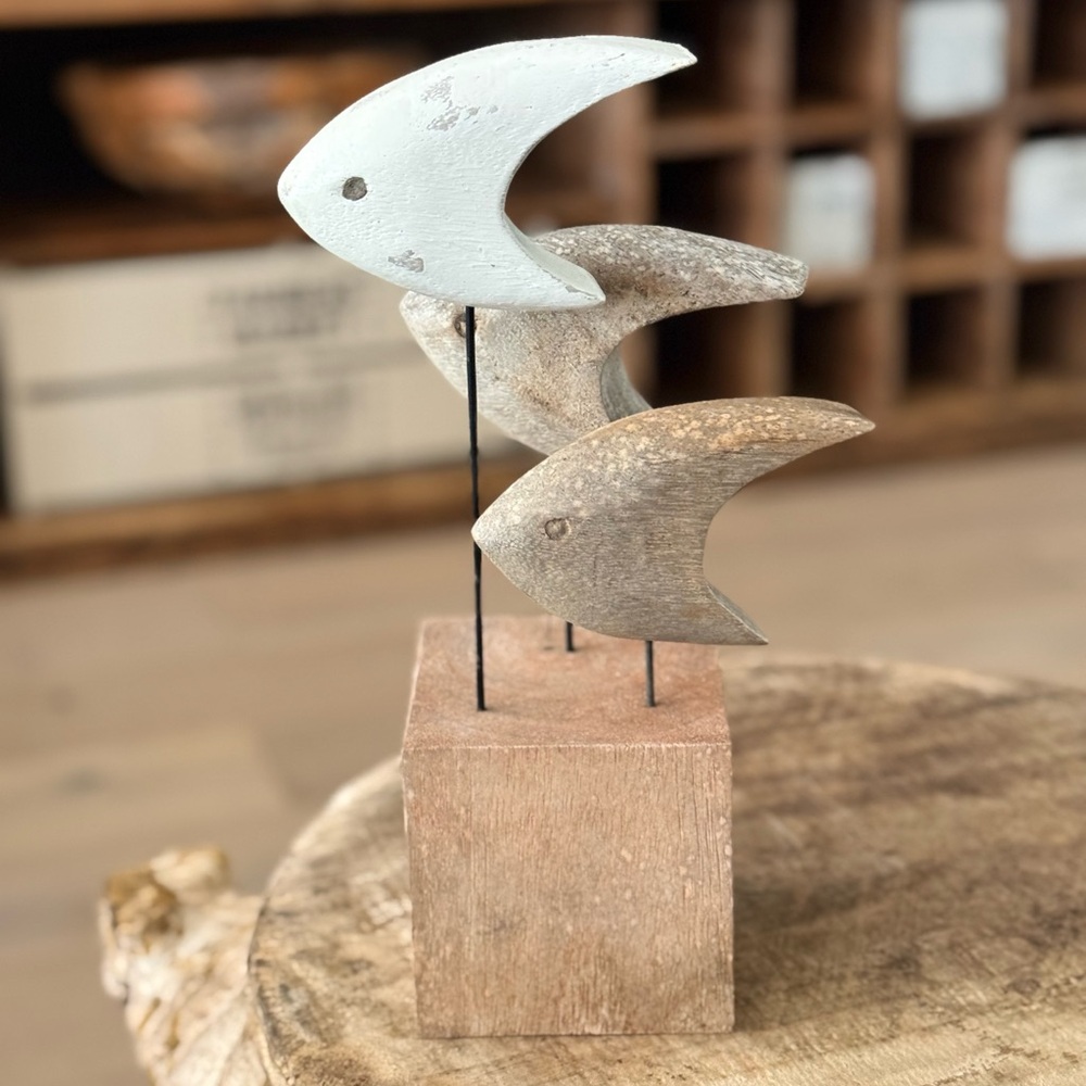 Wooden Fish Sculpture Trio - Neutral Coastal Decor - Picture 2 of 13